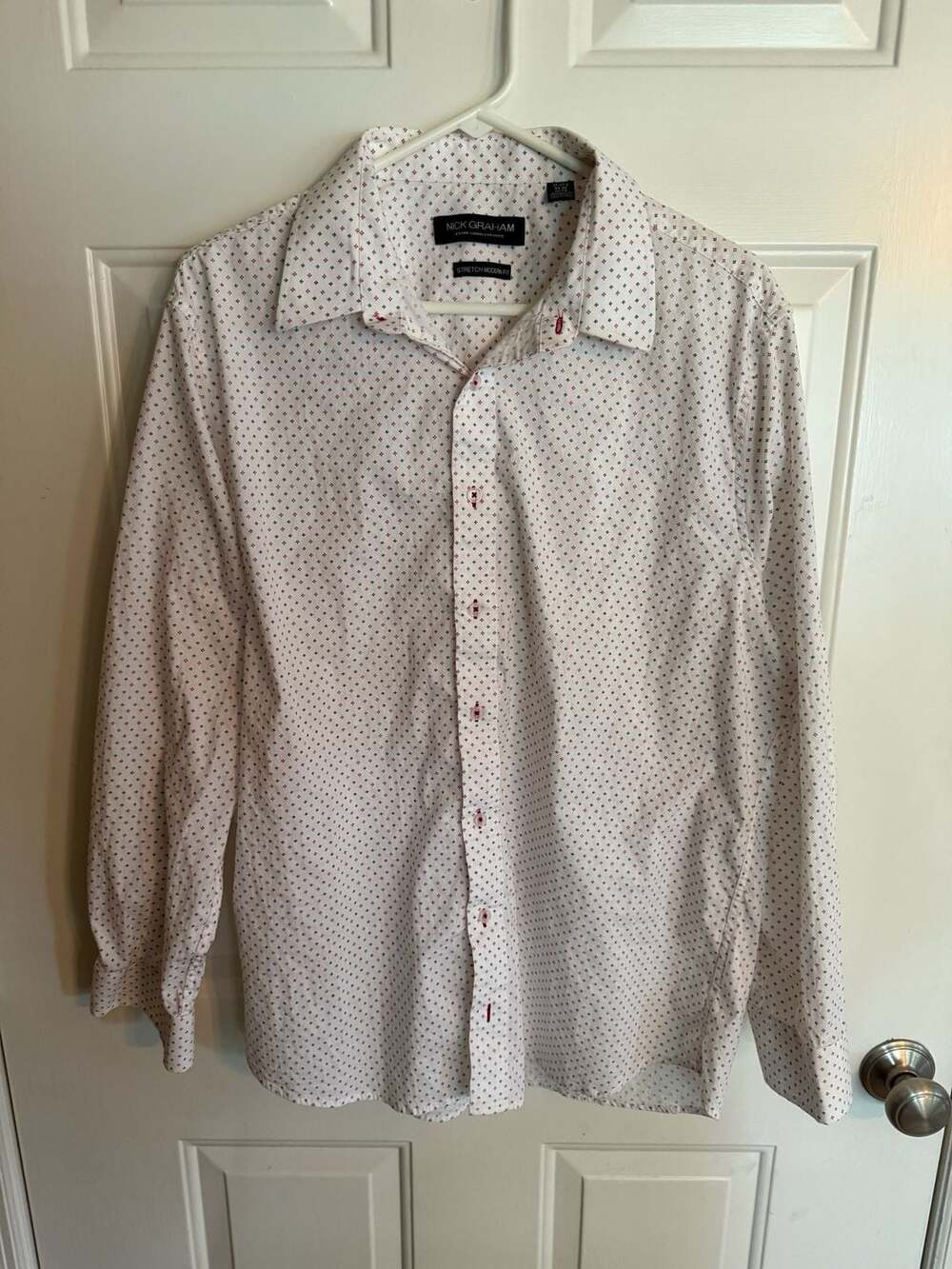 Nick Graham Stretch Modern Fit Dress Shirt Size 17-17.5 34-35 White Geometric